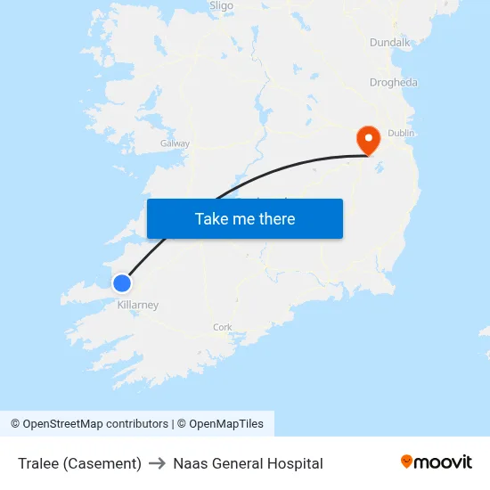 Tralee (Casement) to Naas General Hospital map