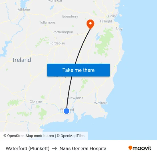 Waterford (Plunkett) to Naas General Hospital map