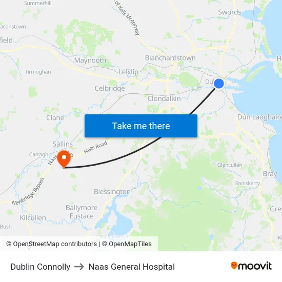 Dublin Connolly to Naas General Hospital map