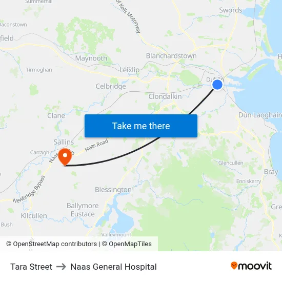 Tara Street to Naas General Hospital map