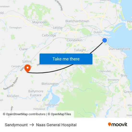 Sandymount to Naas General Hospital map