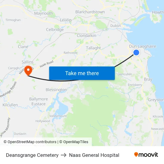 Deansgrange Cemetery to Naas General Hospital map