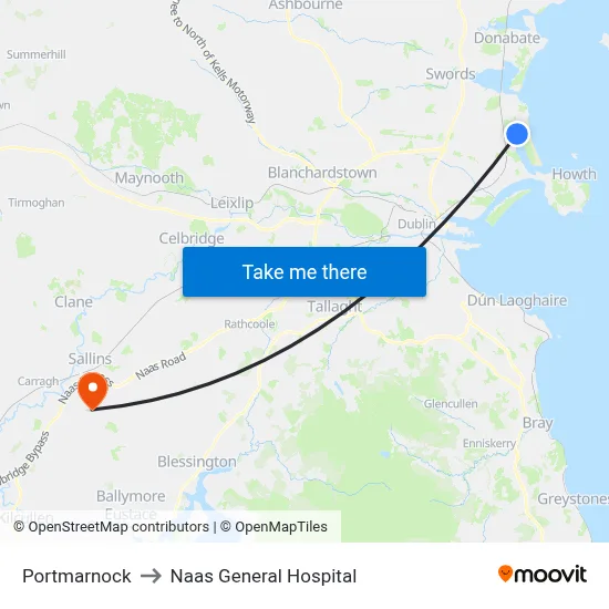 Portmarnock to Naas General Hospital map