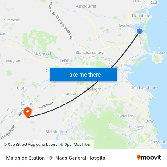 Malahide Station to Naas General Hospital map