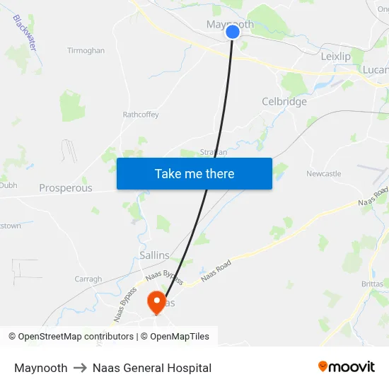 Maynooth to Naas General Hospital map