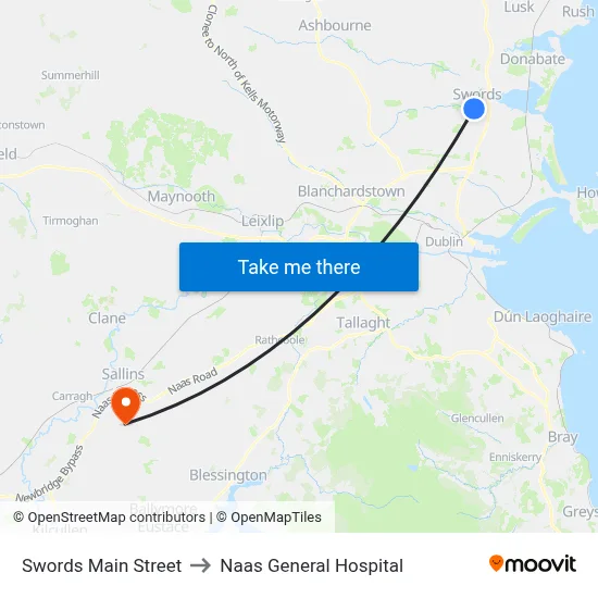 Swords Main Street to Naas General Hospital map