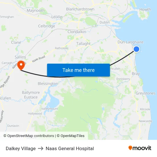 Dalkey Village to Naas General Hospital map