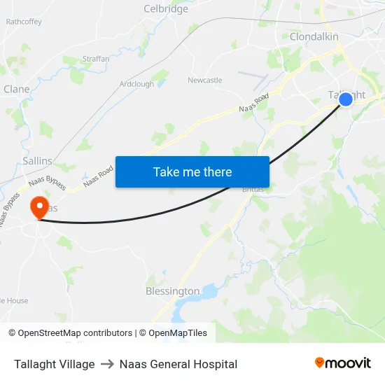 Tallaght Village to Naas General Hospital map