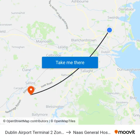 Dublin Airport Terminal 2 Zone 19 to Naas General Hospital map