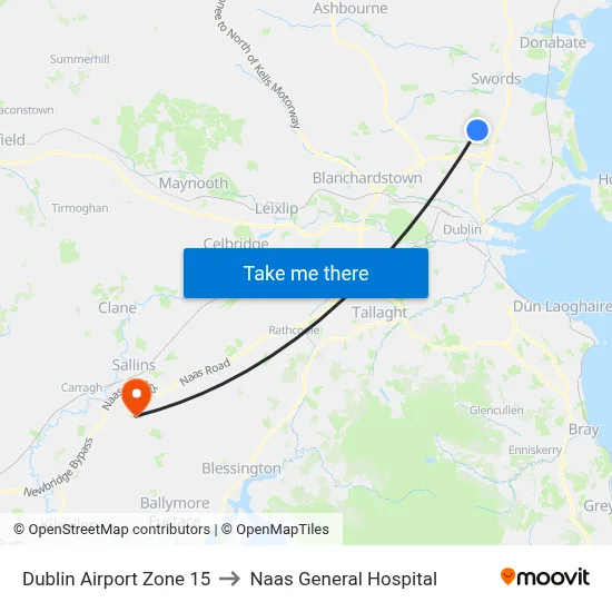 Dublin Airport Zone 15 to Naas General Hospital map
