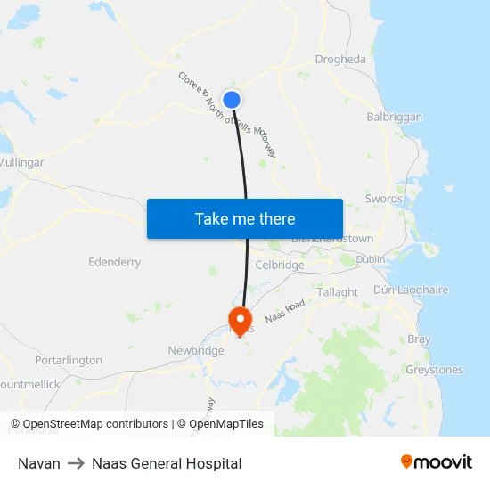 Navan to Naas General Hospital map