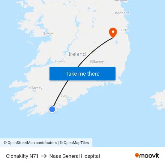 Clonakilty N71 to Naas General Hospital map