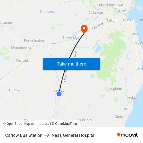 Carlow Bus Station to Naas General Hospital map