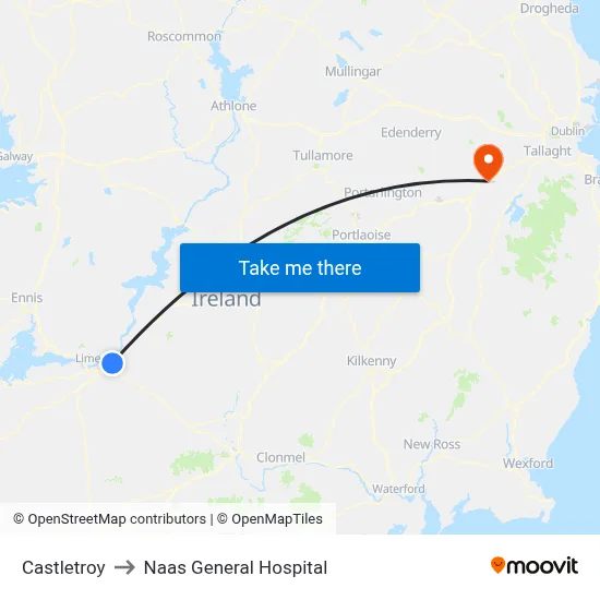 Castletroy to Naas General Hospital map