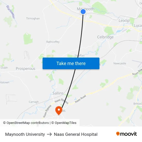 Maynooth University to Naas General Hospital map