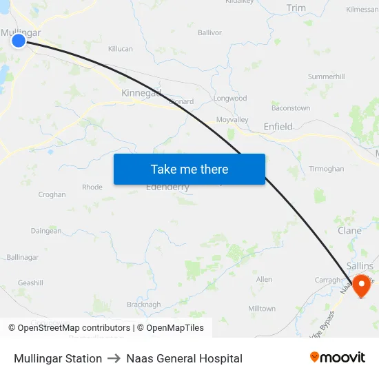 Mullingar Station to Naas General Hospital map