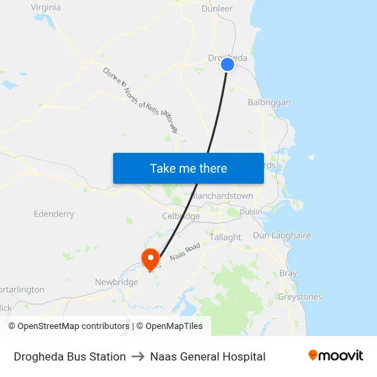 Drogheda Bus Station to Naas General Hospital map