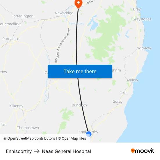 Enniscorthy to Naas General Hospital map