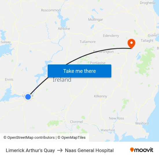 Limerick Arthur's Quay to Naas General Hospital map