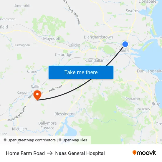 Home Farm Road to Naas General Hospital map