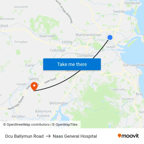 Dcu Ballymun Road to Naas General Hospital map