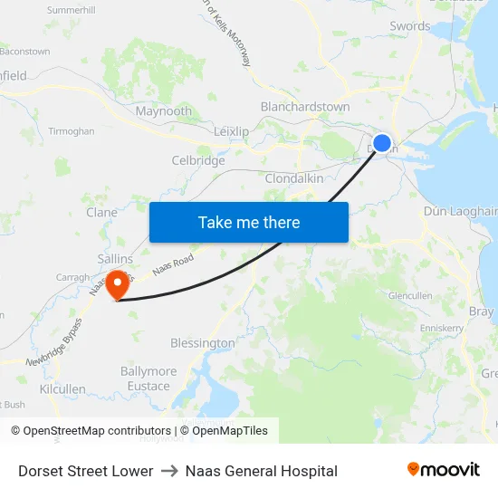 Dorset Street Lower to Naas General Hospital map