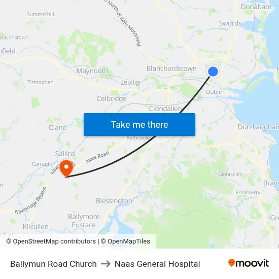 Ballymun Road Church to Naas General Hospital map