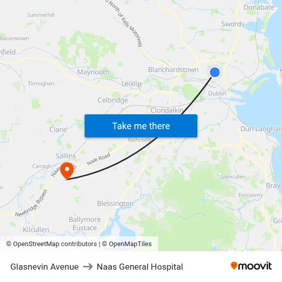 Glasnevin Avenue to Naas General Hospital map