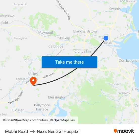 Mobhi Road to Naas General Hospital map