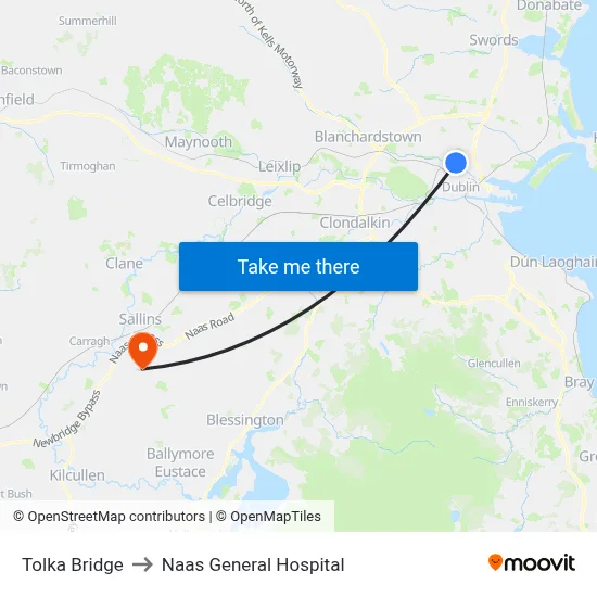Tolka Bridge to Naas General Hospital map