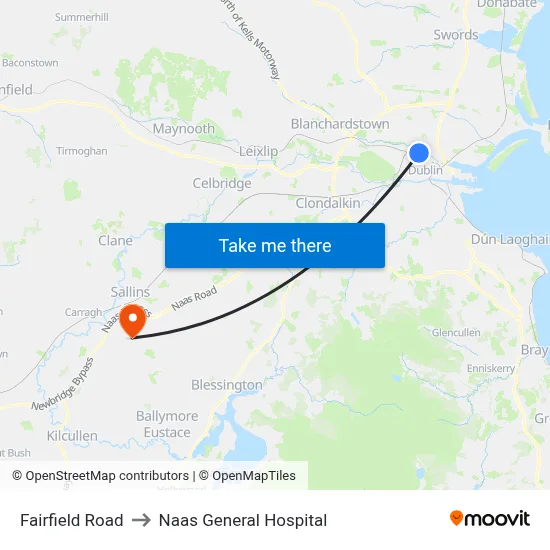 Fairfield Road to Naas General Hospital map