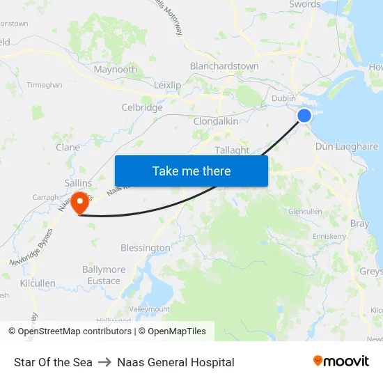 Star Of the Sea to Naas General Hospital map