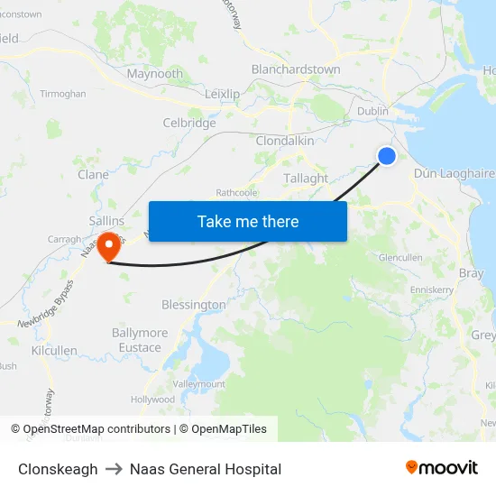 Clonskeagh to Naas General Hospital map