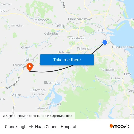 Clonskeagh to Naas General Hospital map