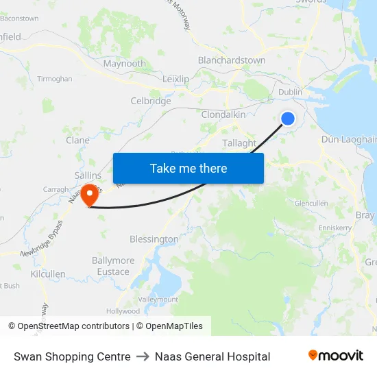 Swan Shopping Centre to Naas General Hospital map