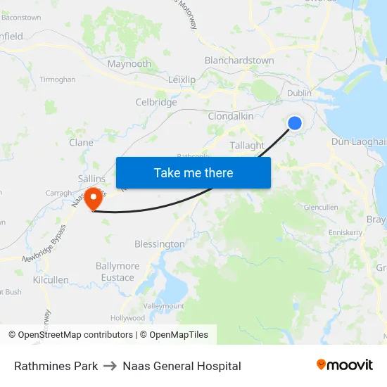 Rathmines Park to Naas General Hospital map