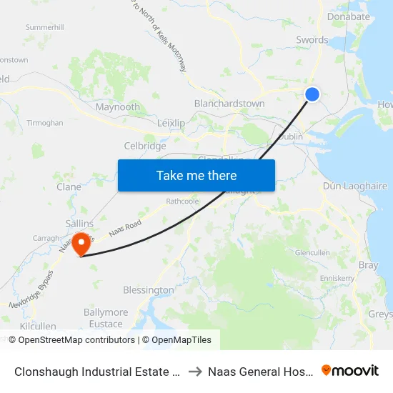 Clonshaugh Industrial Estate North to Naas General Hospital map