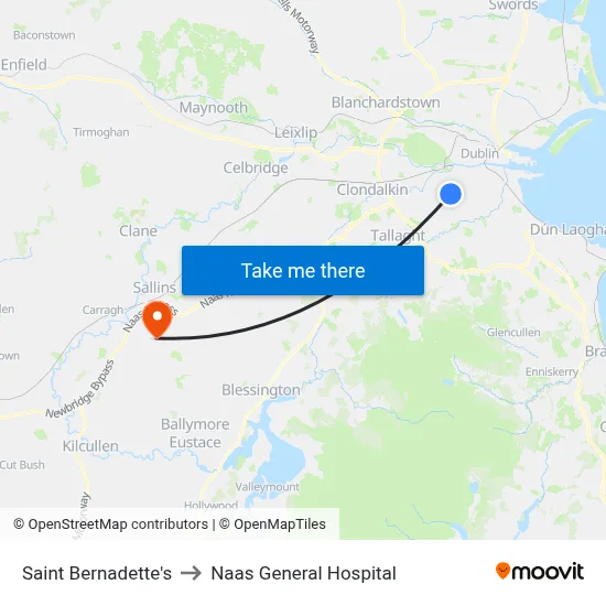 Saint Bernadette's to Naas General Hospital map
