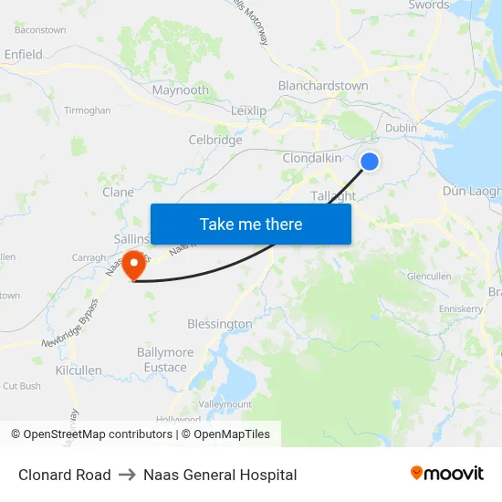 Clonard Road to Naas General Hospital map