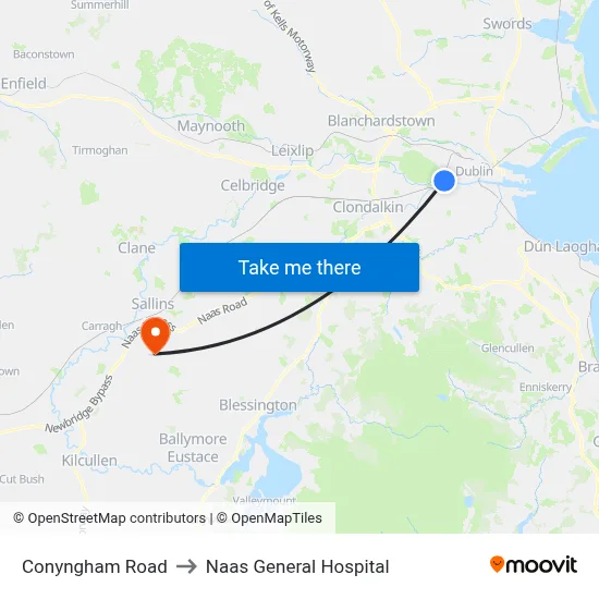 Conyngham Road to Naas General Hospital map