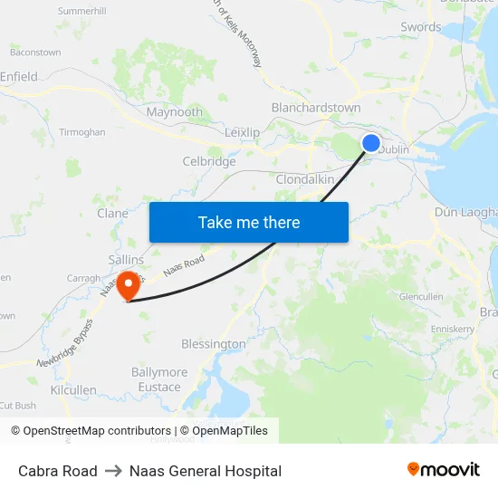 Cabra Road to Naas General Hospital map