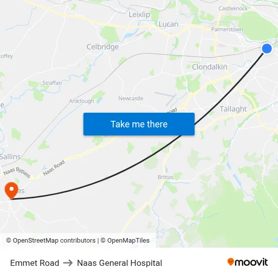 Emmet Road to Naas General Hospital map