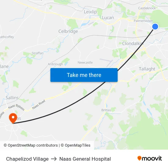 Chapelizod Village to Naas General Hospital map