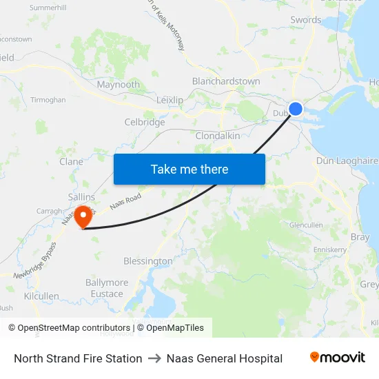 North Strand Fire Station to Naas General Hospital map