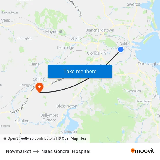 Newmarket to Naas General Hospital map