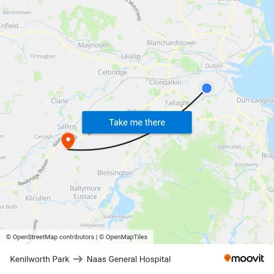 Kenilworth Park to Naas General Hospital map