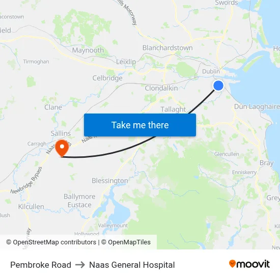 Pembroke Road to Naas General Hospital map