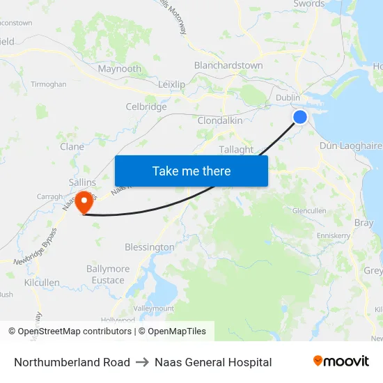 Northumberland Road to Naas General Hospital map