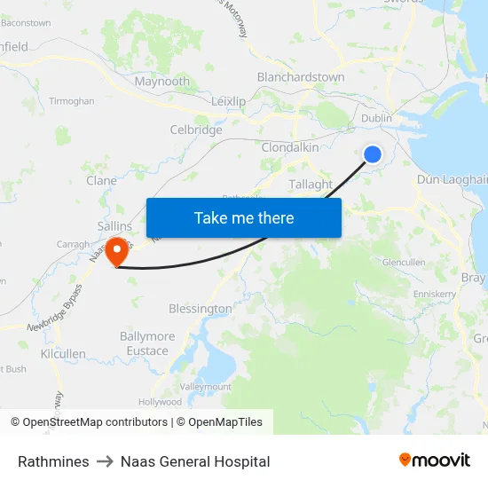 Rathmines to Naas General Hospital map