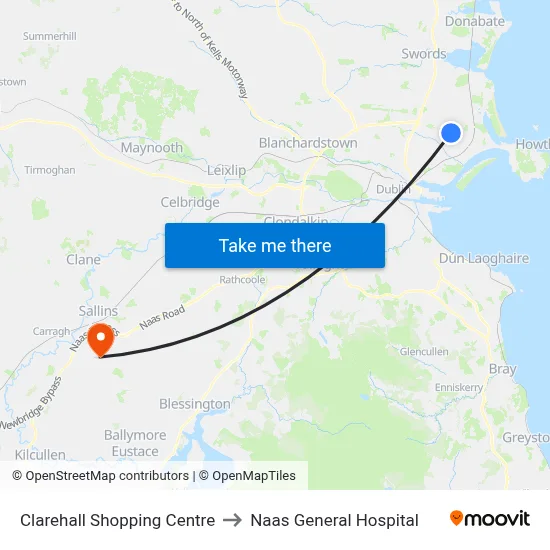 Clarehall Shopping Centre to Naas General Hospital map